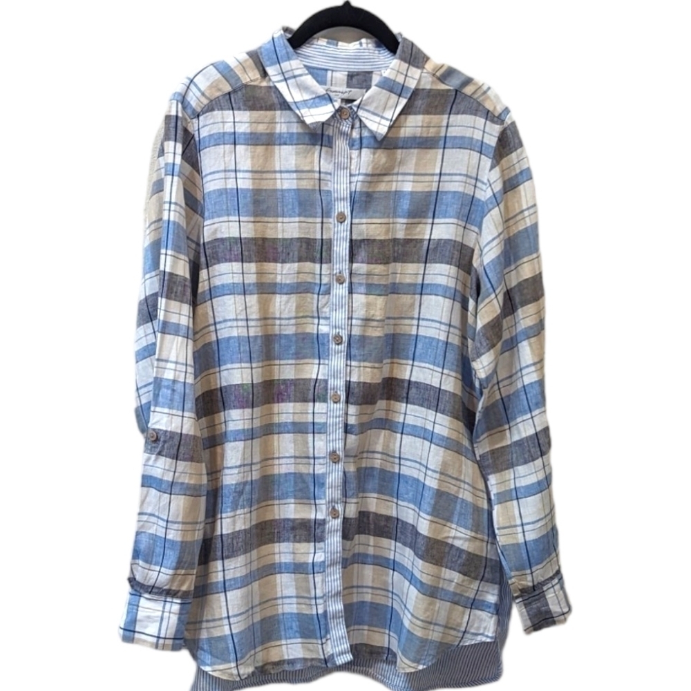Foxcroft Plaid & Striped Linen Roll-Up Sleeve Button Up Shirt in Blue/Cream (16)